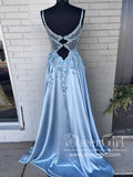 Spaghetti Straps 3D Flowers Prom Dress A Line Prom Gown with Slit ARD2871-SheerGirl