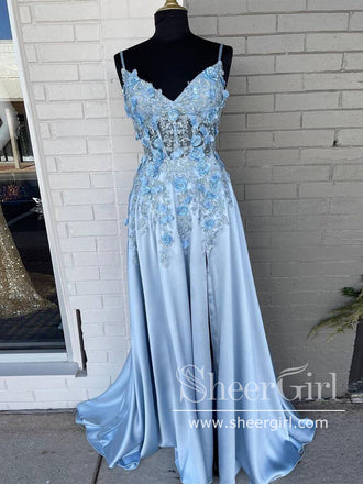 Spaghetti Straps 3D Flowers Prom Dress A Line Prom Gown with Slit ARD2871-SheerGirl