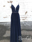 Spaghetti Straps A Line Chiffon Party Dresses Navy Blue Lace Bodice Beaded Prom Dresses ARD2470