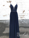 Spaghetti Straps A Line Chiffon Party Dresses Navy Blue Lace Bodice Beaded Prom Dresses ARD2470-SheerGirl