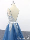 Spaghetti Straps A Line Multi-Layers Party Dresses Ivory Appliqued Blue Tulle Prom Dresses ARD2471-SheerGirl