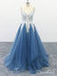 Špagetová ramínka A Line Vícevrstvé Společenské šaty Slonovina Aplikované Modré tylové šaty na ples ARD2471