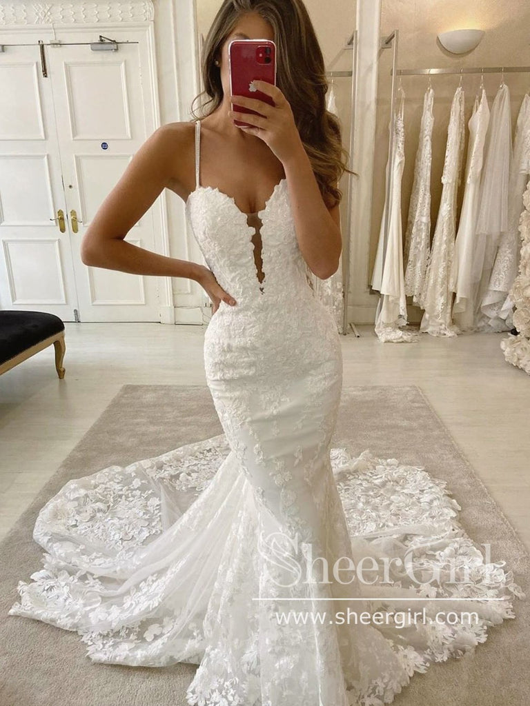 Spaghetti Straps Deep V Neck Mermaid Chanpel Train Wedding Dress AWD1758-SheerGirl