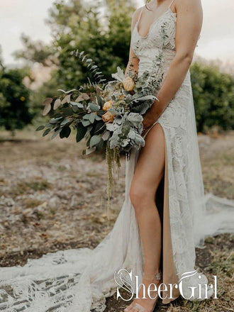 Spaghetti Straps Deep V Neck Wedding Gown High Slit Ivory Lace Wedding Dress AWD1641-SheerGirl