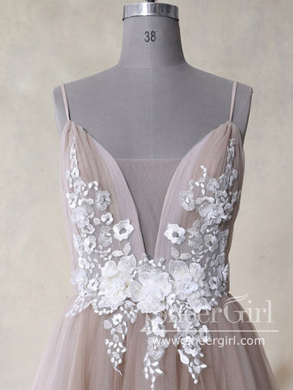 Spaghetti Straps Ivory Appliqued Bodice Dusty Rose Tulle A Line Long Prom Dress ARD2479-SheerGirl