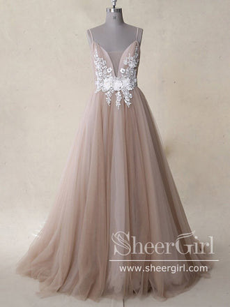 Spaghetti Straps Ivory Appliqued Bodice Dusty Rose Tulle A Line Long Prom Dress ARD2479-SheerGirl