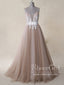 Spaghetti Straps Ivory Appliqued Bodice Dusty Rose Tulle A Line Long Prom Dress ARD2479