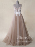 Spaghetti Straps Ivory Appliqued Bodice Dusty Rose Tulle A Line Long Prom Dress ARD2479-SheerGirl