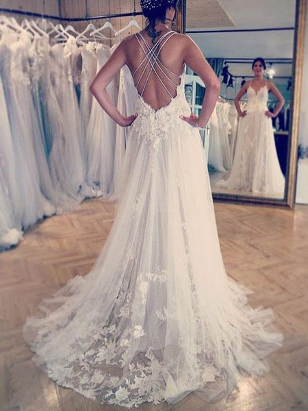 blue dress for baby girl Spaghetti Straps Ivory Wedding Dresses Appliques Cross Back Wedding Gowns AWD1608