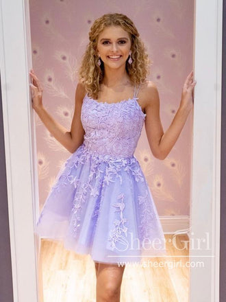 Spaghetti Straps Lace Appliqued Short Prom Dress Mini Homecoming Dress ARD2651-SheerGirl