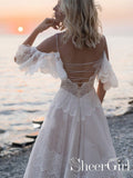 Spaghetti Straps Off Shoulder Lace Wedding Gowns Ivory Tulle V Neck Wedding Dresses AWD1612-SheerGirl