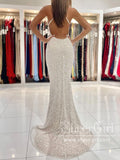 Spaghetti Straps Pearl White Prom Dresses Sparkly Sheath Formal Dress ARD2868-SheerGirl