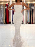 Spaghetti Straps Pearl White Prom Dresses Sparkly Sheath Formal Dress ARD2868-SheerGirl