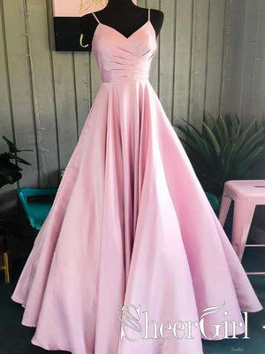 Spaghetti Straps Pink Satin Formal Dresses Pleated Bodice Simple Prom Dresses ARD2474-SheerGirl