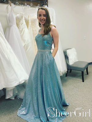 Spaghetti Straps Princess Line Fitted Bodice Shimmering Blue Party Dress Ball Gown Glitter Prom Dress ARD2563-SheerGirl