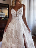 Spaghetti Straps Sweetheart Neck A Line Wedding Dress Tulle Bridal Gown with High Slit AWD1903-SheerGirl
