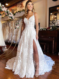 Spaghetti Straps Sweetheart Neck A Line Wedding Dress Tulle Bridal Gown with High Slit AWD1903-SheerGirl