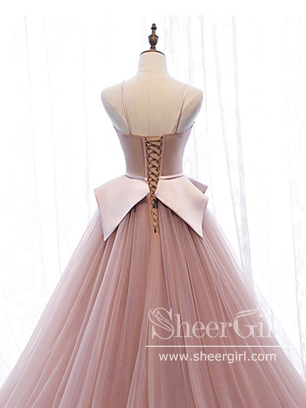 Corset Tulle Bow Spaghetti Straps Floor Length Prom Dress