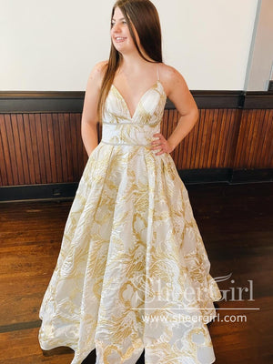 Spaghetti Straps V Neck Jaquard Ball Gown with Jewered Sash Prom Dress ARD2805-SheerGirl