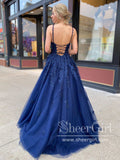 Spaghetti Straps V Neckline Appliqued Ball Gown with Back Lace Up Long Prom Dress ARD2599-SheerGirl