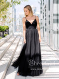 Spaghetti Straps V Neckline Pleated Tulle Bodice A Line Long Prom Dress ARD2621-SheerGirl