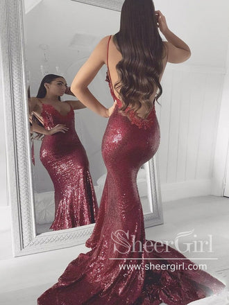 Spahetti Straps Plunge V Neckline Sequin Mesh Fitted Party Dress Mermaid Burgundy Prom Dress ARD2559-SheerGirl