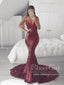 Spahetti Straps Plunge V Neckline Sequin Mesh Fitted Party Dress Mermaid Burgundy Prom Dress ARD2559