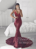 Spahetti Straps Plunge V Neckline Sequin Mesh Fitted Party Dress Mermaid Burgundy Prom Dress ARD2559-SheerGirl