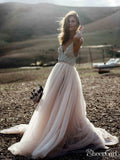 Sparkle Beaded Champagne Wedding Dresses A Line Backless Bridal Gown AWD1340-SheerGirl