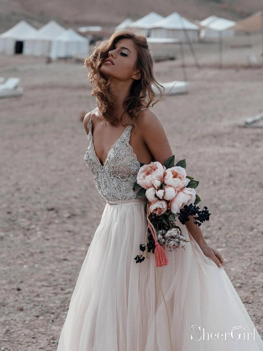 Sparkle Beaded Champagne Wedding Dresses A Line Backless Bridal Gown AWD1340