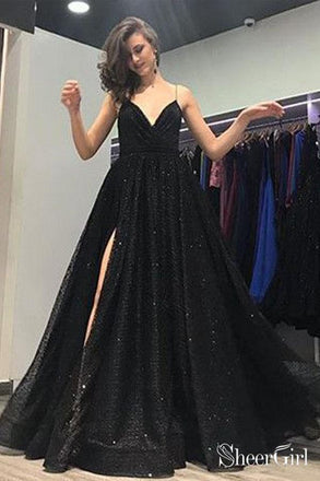 Sparkle Sequin Spaghetti Strap Black Long Prom Dresses with Slit ARD2108-SheerGirl