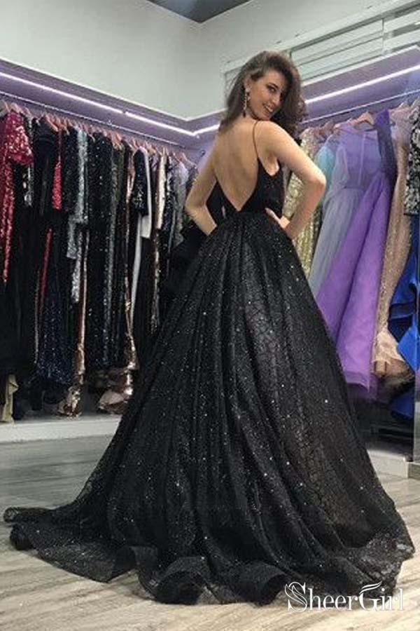 Sparkle Sequin Spaghetti Strap Black Long Prom Dresses with Slit ARD2108-SheerGirl