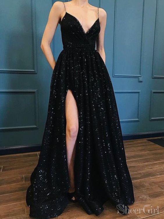 Sparkle Sequin Spaghetti Strap Black Long Prom Dresses with Slit ARD2108-SheerGirl