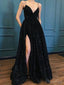 Sparkle Sequin Spaghetti Strap Black Long Prom Dresses with Slit ARD2108