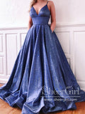 Sparkly Ball Gown with Spaghetti Straps V Neckline Long Prom Dress ARD2592-SheerGirl