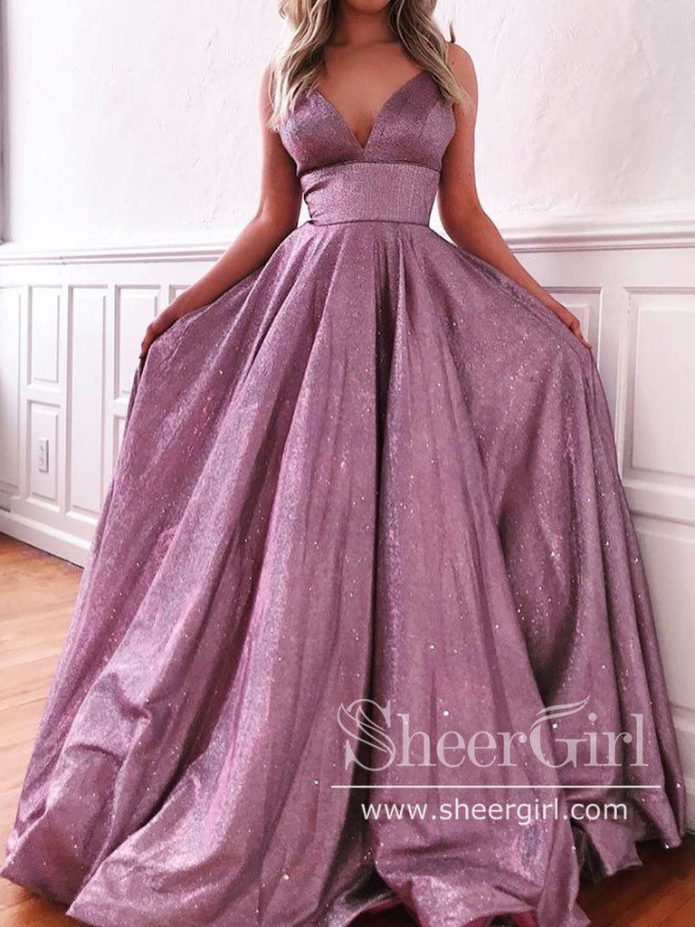 Sparkly Ball Gown with Spaghetti Straps V Neckline Long Prom Dress ARD2592-SheerGirl