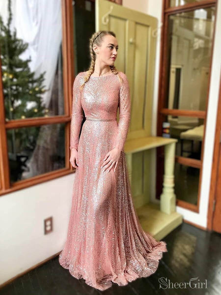 Sparkly Blush Pink Long Prom Dresses with Sleeves ARD2226 Sparkly Blush Pink Long Prom Dresses with Sleeves ARD2226