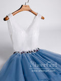 Sparkly Bodice Simple Tulle V Neck Homecoming Dress with Rhinestones Sash ARD2653-SheerGirl