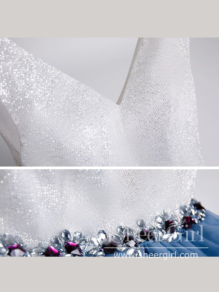 Sparkly Bodice Simple Tulle V Neck Homecoming Dress with Rhinestones Sash ARD2653-SheerGirl