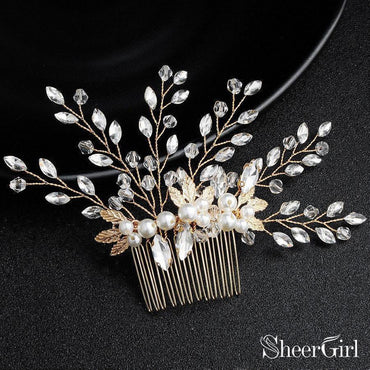 Sparkly Crystal Sprig Gold Wedding Comb with Pearl ACC1156-SheerGirl