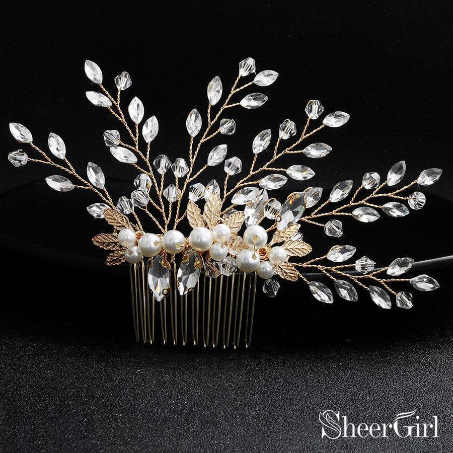 Sparkly Crystal Sprig Gold Wedding Comb with Pearl ACC1156-SheerGirl
