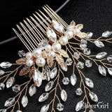 Sparkly Crystal Sprig Gold Wedding Comb with Pearl ACC1156-SheerGirl