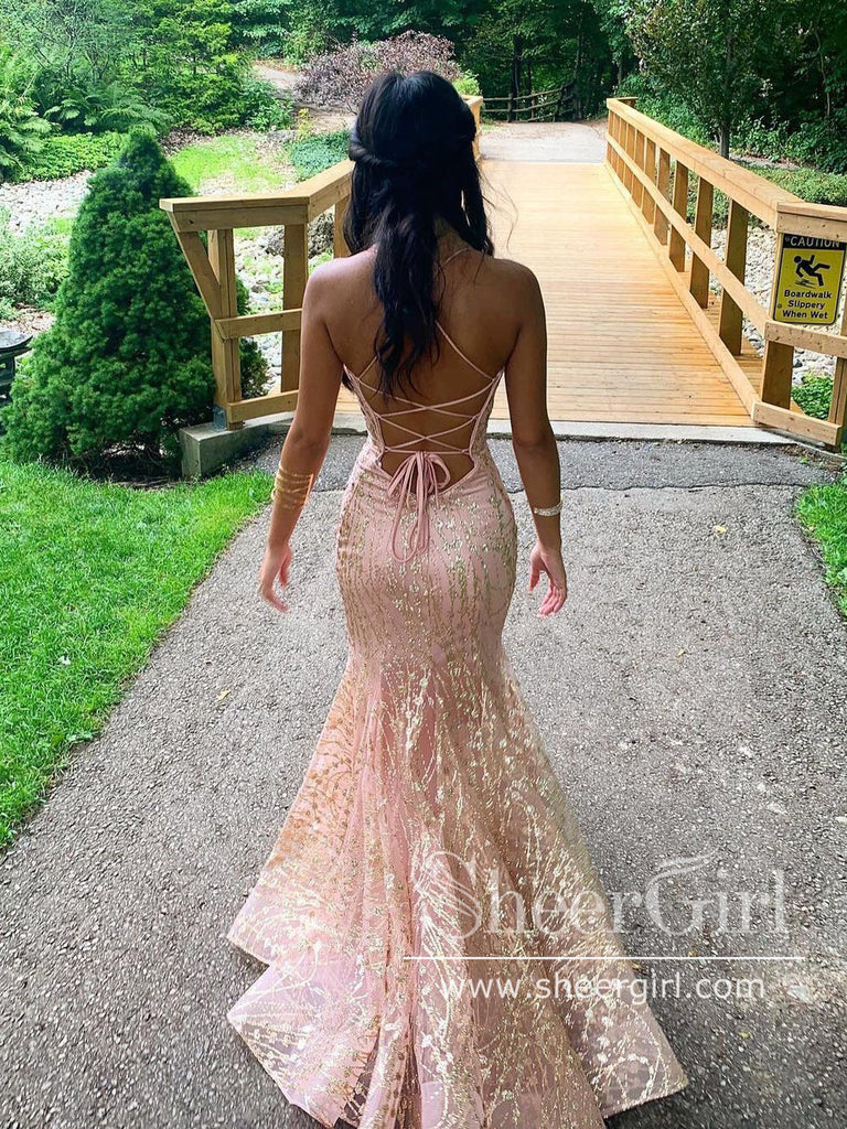 Sparkly Lace V Neck Mermaid Prom Dress Formal Dress Backless Party Dress ARD2769-SheerGirl
