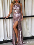Sparkly Pink Mermaid Evening Dress Two Pieces Sequins Halter Neck Prom Dresses ARD2450-SheerGirl
