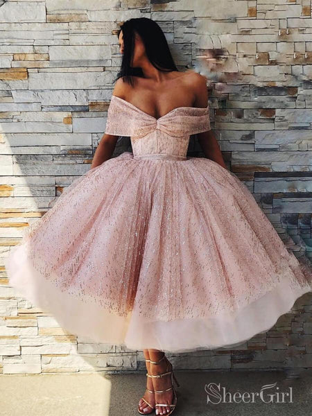 Sparkly Pink Tea Length Prom Dresses Off the Shoulder Prom Dress ARD20 SheerGirl Sparkly Pink Tea Length Prom Dresses Off the Shoulder Prom Dress ARD20 SheerGirl