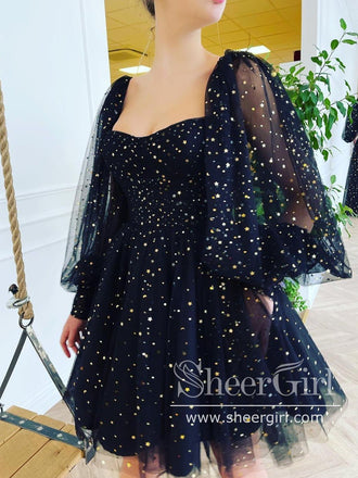 Sparkly Puffy Long Sleeves Square Neckline Fitted Short Homecominig Dress ARD2650-SheerGirl