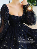 Sparkly Puffy Long Sleeves Square Neckline Fitted Short Homecominig Dress ARD2650-SheerGirl