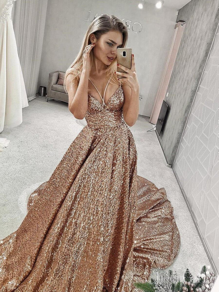 Sparkly Sequin V Neck Sequin Long Prom Dresses with Straps ARD2068-SheerGirl