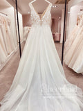 Sparkly Tulle Bridal Gown Floral Vintage Lace V Neck Wedding Dress AWD1894-SheerGirl