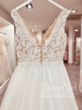 Sparkly Tulle Bridal Gown Floral Vintage Lace V Neck Wedding Dress AWD1894-SheerGirl
